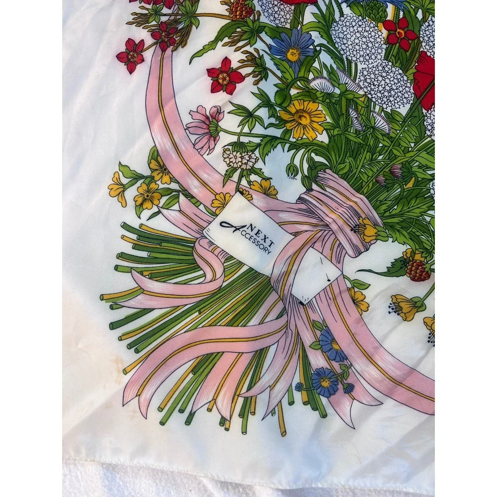 Next Accessory Vintage Square Scarf Red Poppy Wheat Floral Ribbon Ivory 34in